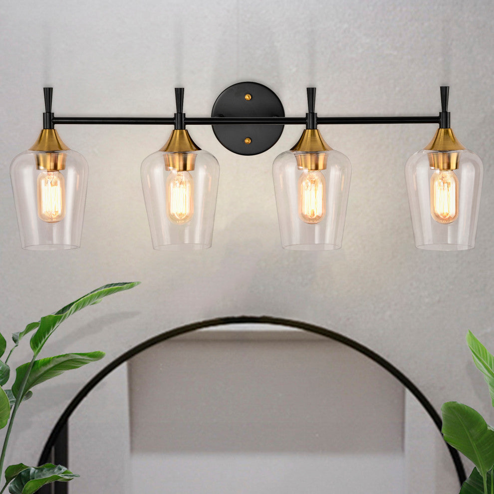 30 in. 4-Light Black and Antique Brass Vanity Light With Clear Glass Shades