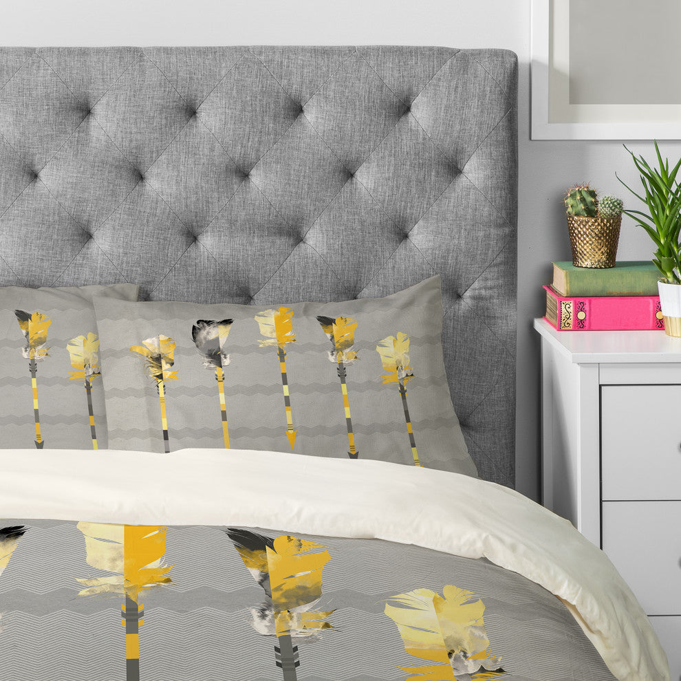 Deny Designs Iveta Abolina Gray Yellow Feathers Pillowcase
