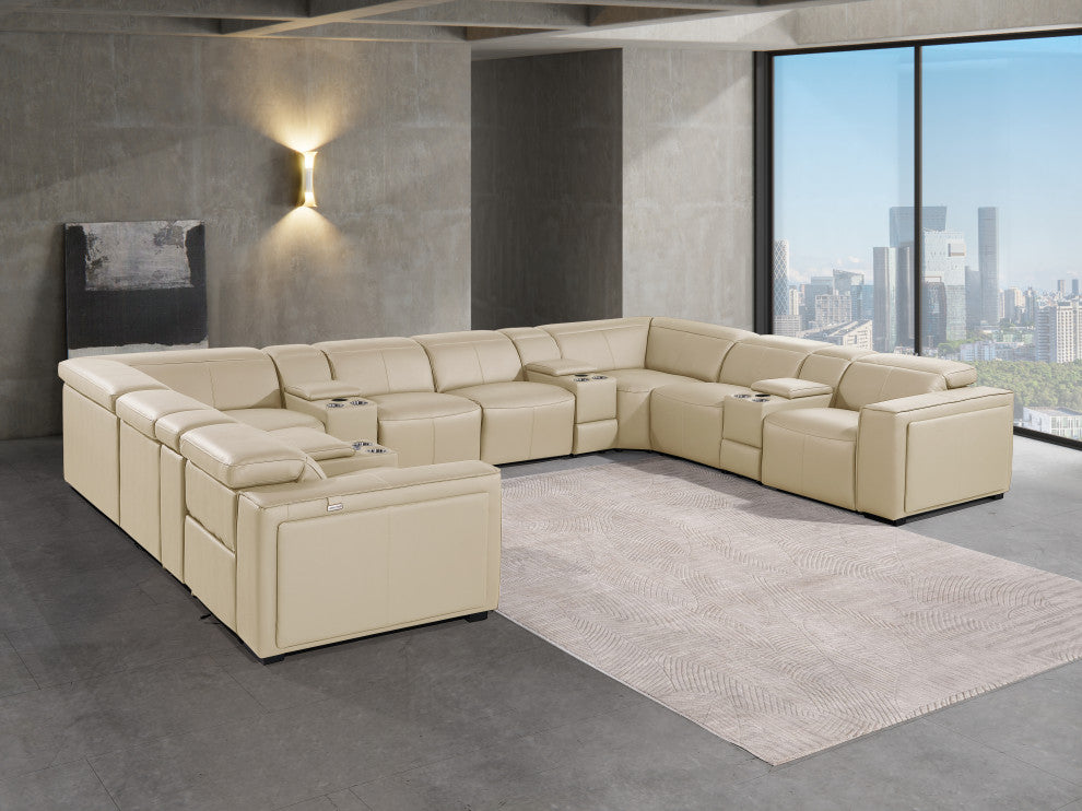 Niccolo Italian Leather 12-Piece U-Shaped 4 Power Reclining Sectional, Beige
