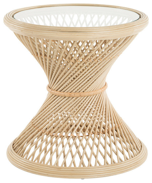 Peacock Rattan Side Table With Glass Top, Natural-Brown