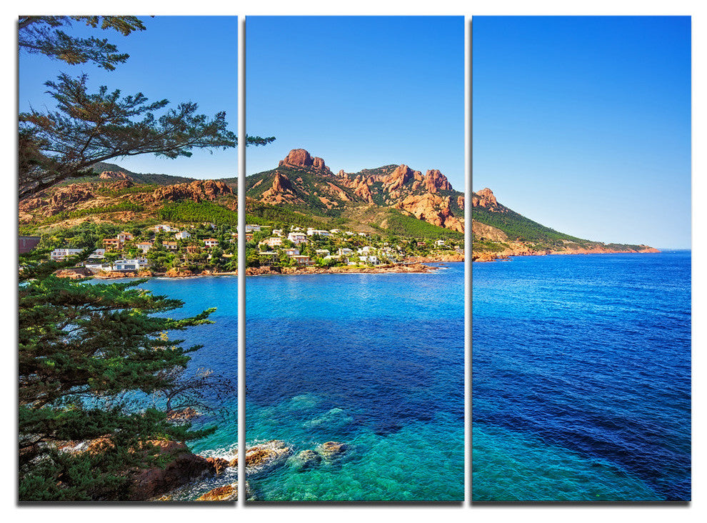 "Esterel Rocks Beach Coast in Blue" Metal Wall Art, 3 Panels, 36"x28"