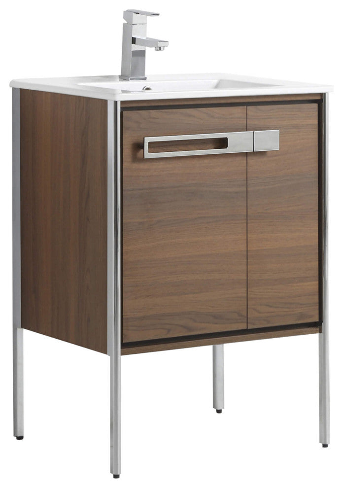 Oakville Bath Vanity, Ceramic Sink, Walnut Ebony, 24 Inch, Chrome Hardware