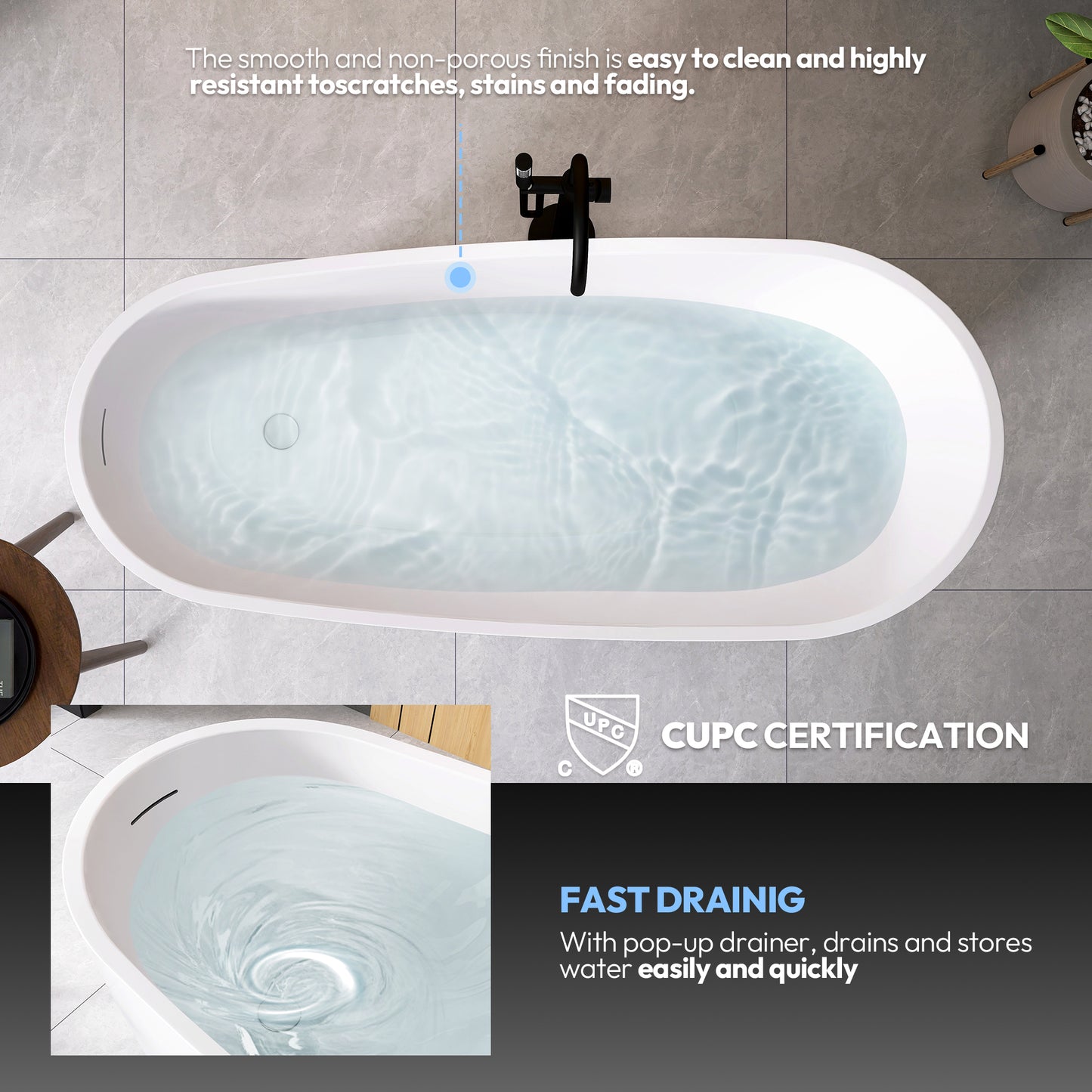 Lahore Freestanding Acrylic Soaking Bathtub, White, 59.1"l X 29.1"w