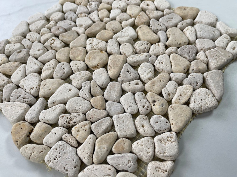 Non Slip Shower Floor Tile Tumbled Pebble Stone Travertine Giallo, 1 sheet