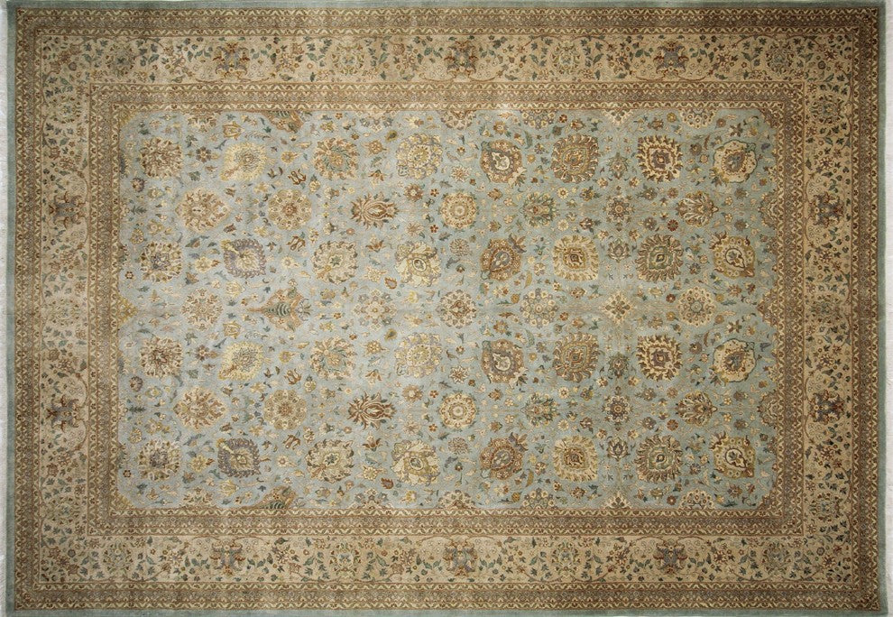 Turkish-Knotted Morvarid Light Blue/Beige Rug, 10'x14'2"