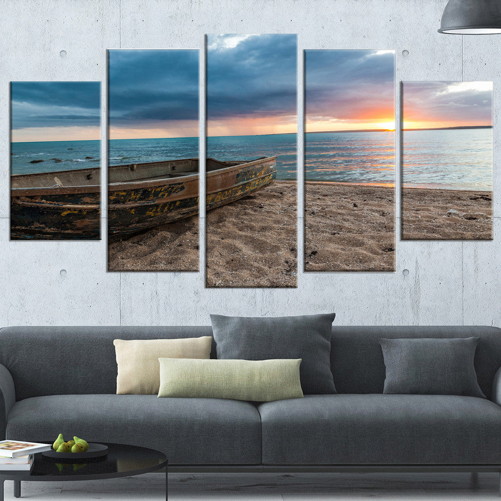 "Rusty Row Boat On Sand At Sunset" Seascape Art Canvas, 5 Panels, 60"x32"