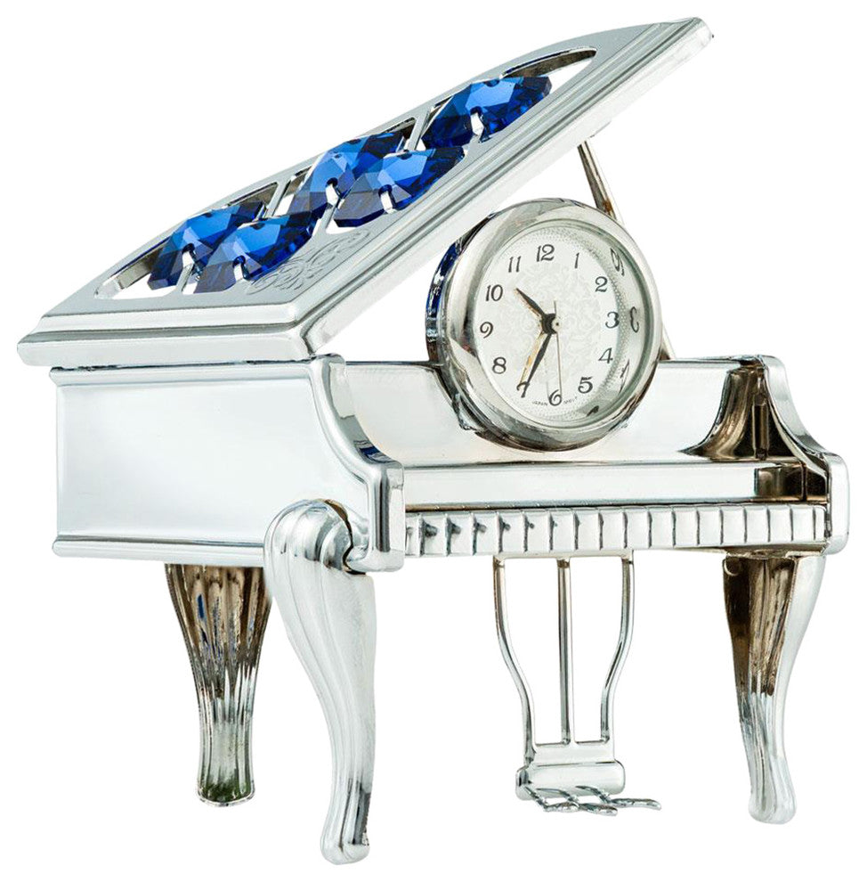 Chrome Plated Silver Vintage Piano Desk Clock With Blue Crystals