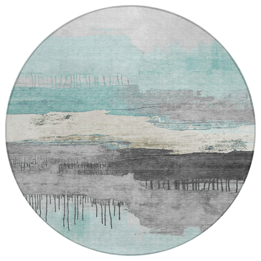 Machine Washable Indoor/Outdoor Chantille ACN1880 Teal 8' x 8' Round Rug