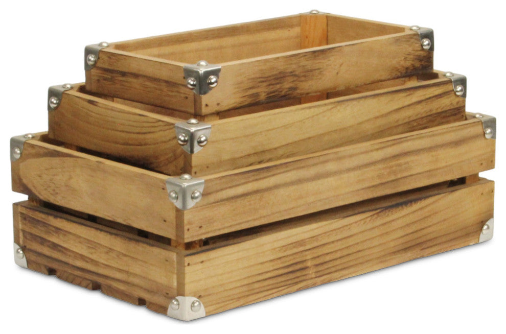 Rustic Farmstead Dark Brown Studded Wood Crate Set
