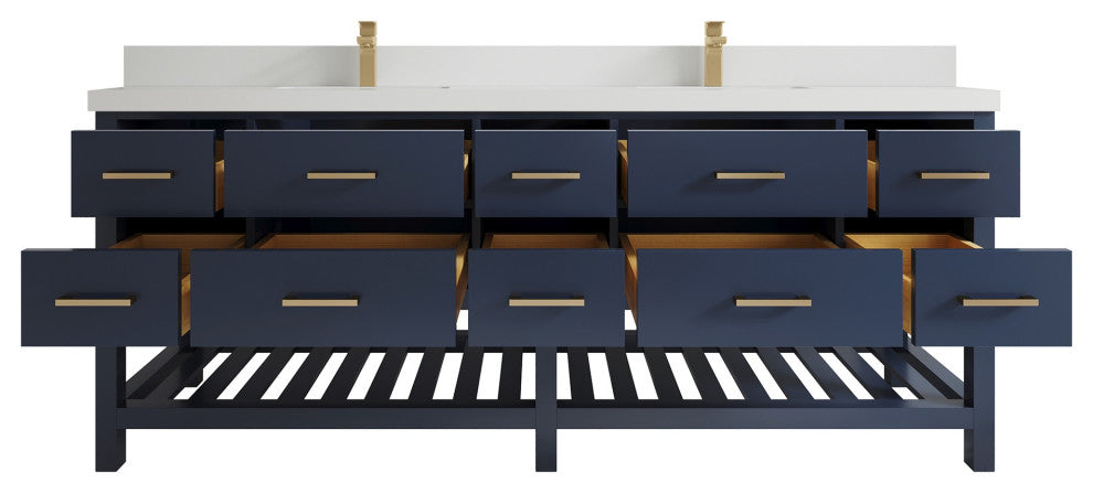 Parker 84 Double Sink Bathroom Vanity, Navy Blue 2" White Quartz