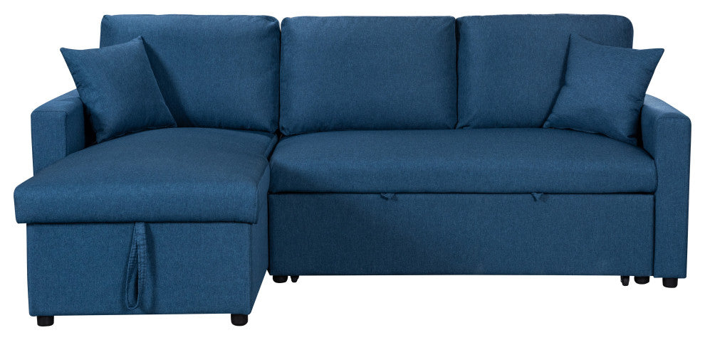 Paisley Linen Reversible Sleeper Sectional Sofa With Storage Chaise, Blue