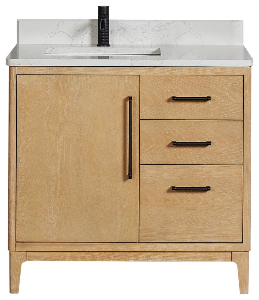 Gara Bath Vanity, Stone Top, Washed Ash Grey, 36", Single Vanity, No Mirror