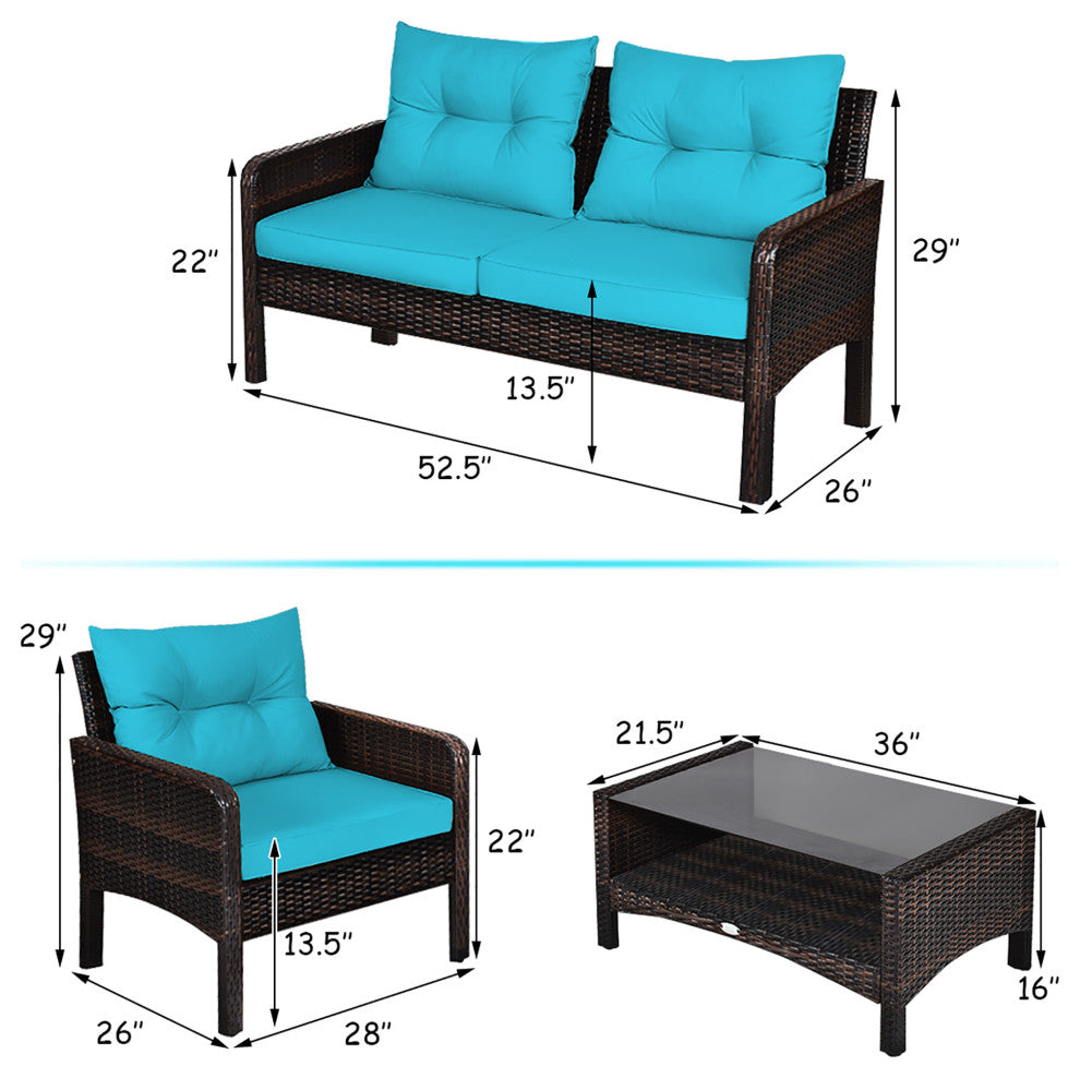 Costway 4PCS Patio Rattan Furniture Set Loveseat Sofa Table Turquoise Cushion