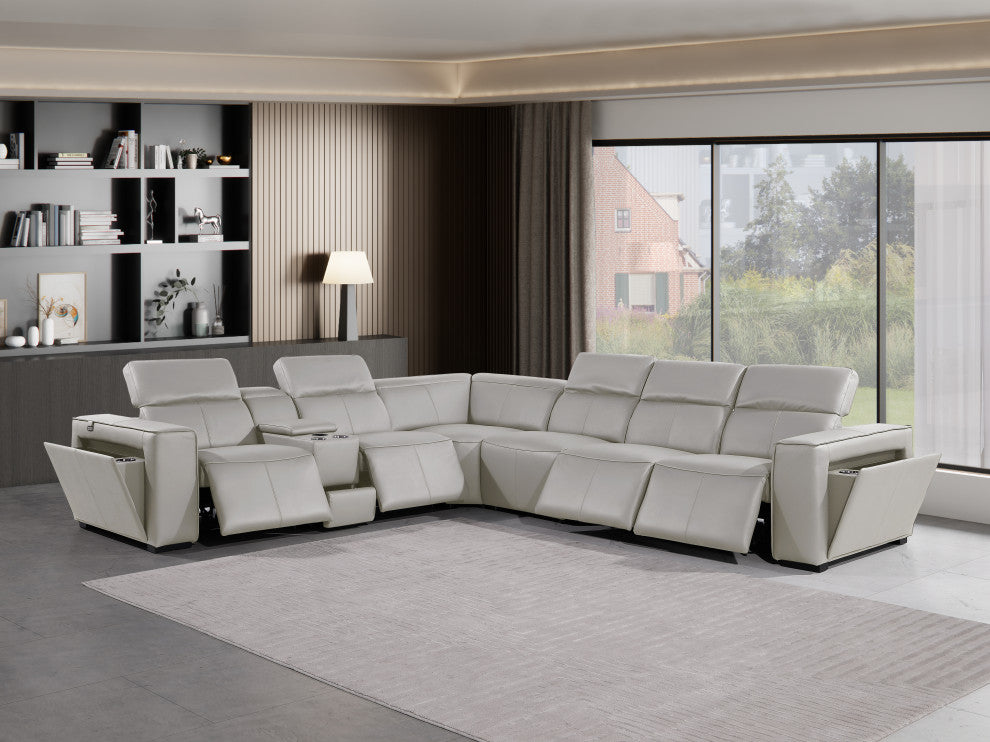 Niccolo Italian Leather 7-Piece L-Shaped Power Reclining Sectional, Light Gray