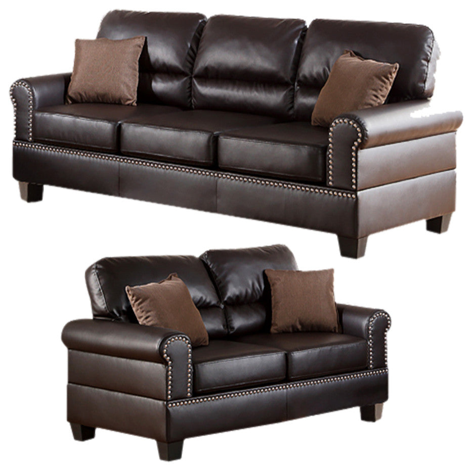 Bonded Leather 2 Pieces Sofa Set With Pillows In Brown