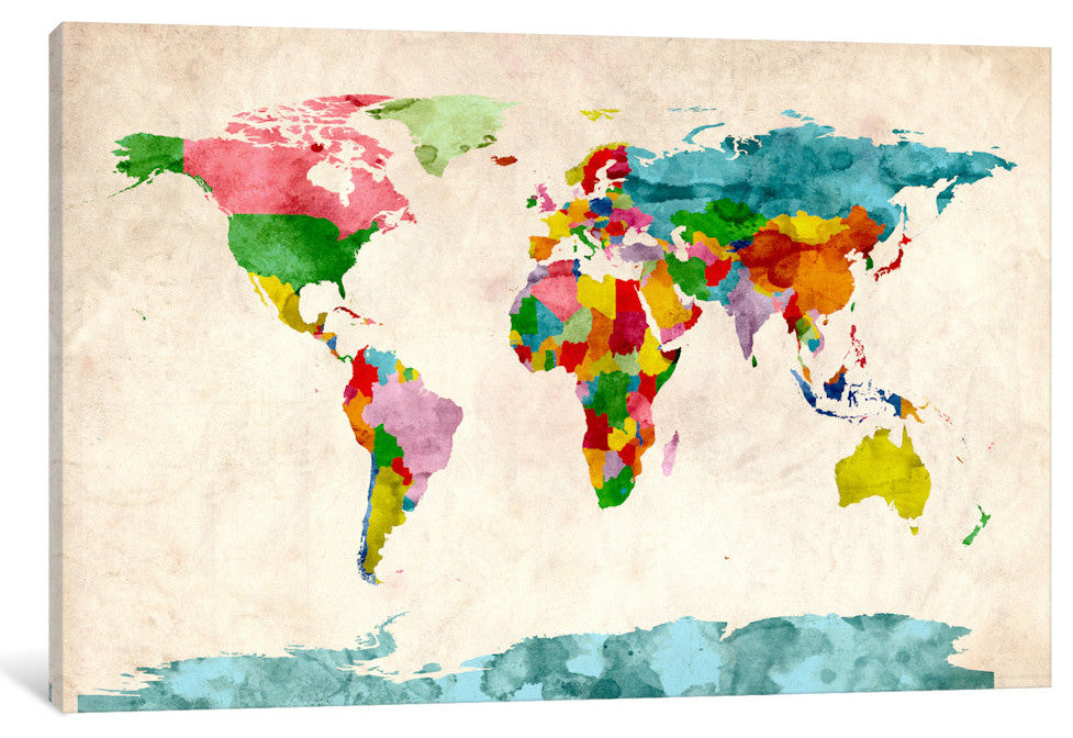 "World Map Watercolors III" Wrapped Canvas Print, 40x26x1.5