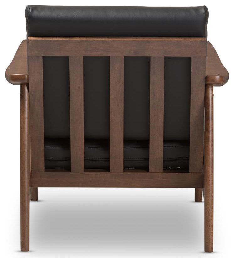Venza Mid-Century Walnut Wood Black Faux Leather Lounge Chair