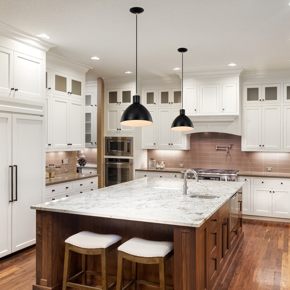 1-Light Matte Black and Brushed Nickel Pendant Light With Bowl Metal Shade