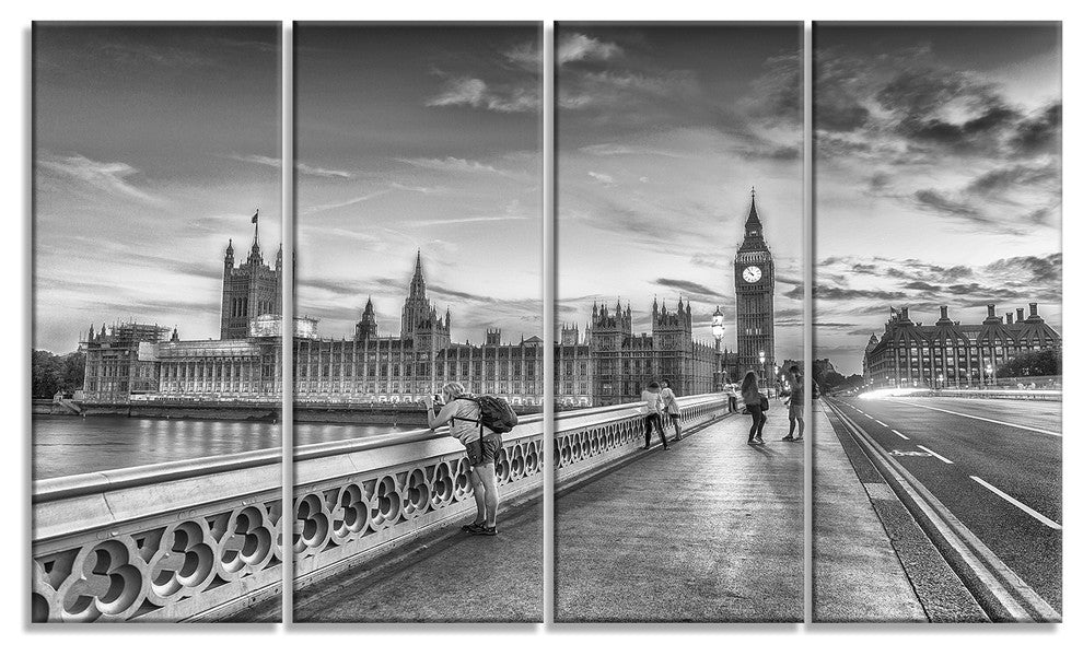 "Beautiful Black and White London View" Cityscape Wall Art, 48"x28", 4-Panels