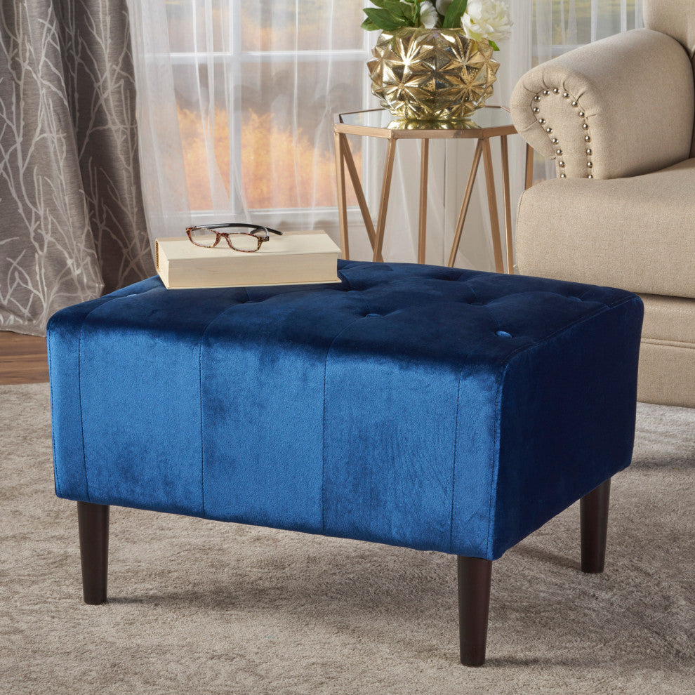 GDF Studio Kalani Tufted New Velvet Ottoman, Navy Blue
