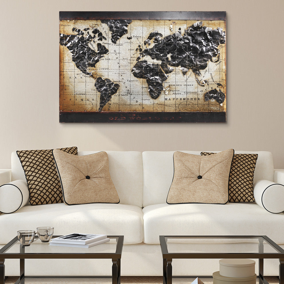 "World Map" Wall Art Mixed Media Iron Hand Painted Dimensional Wall Sculpture