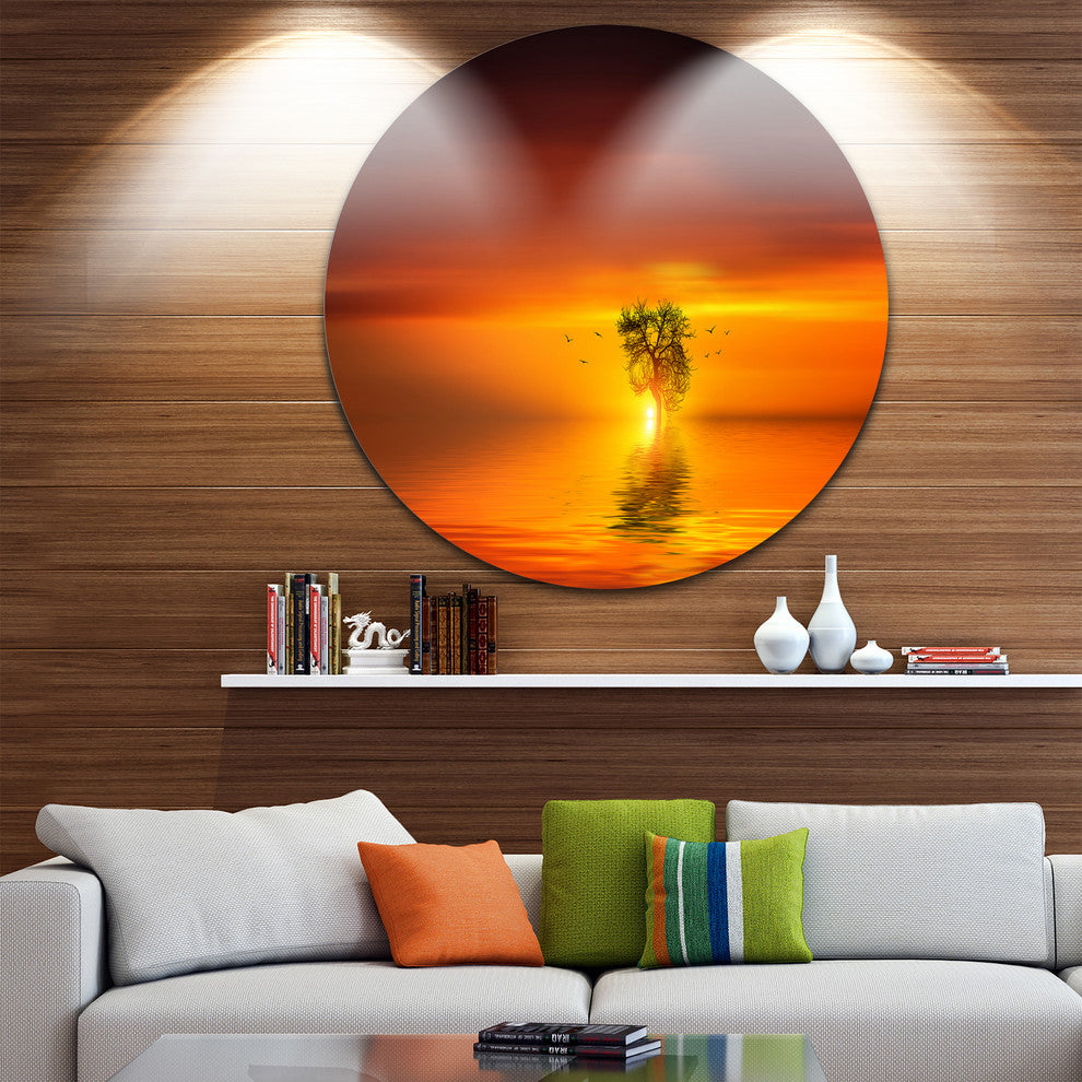 Wonderful Tree With Birds At Sunset, Round Metal Artwork Landscape, 23"