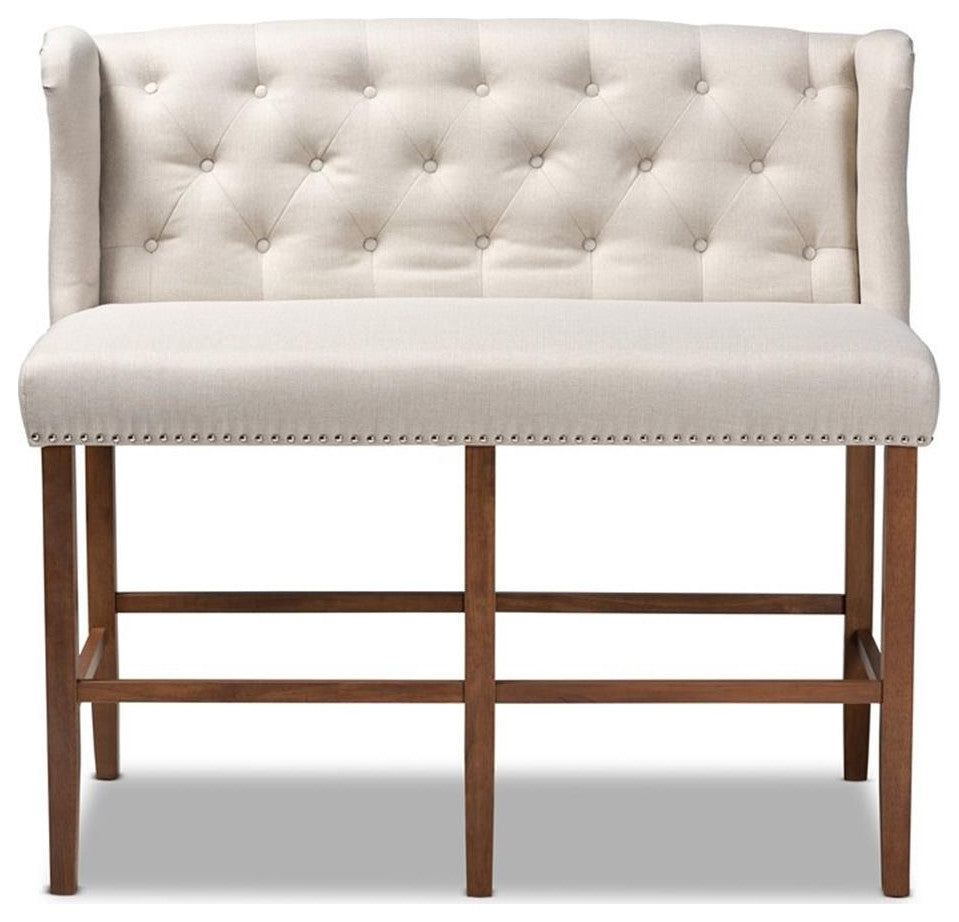 Alira Beige Fabric Upholstered Walnut Wood Button Tufted Bar Stool Bench