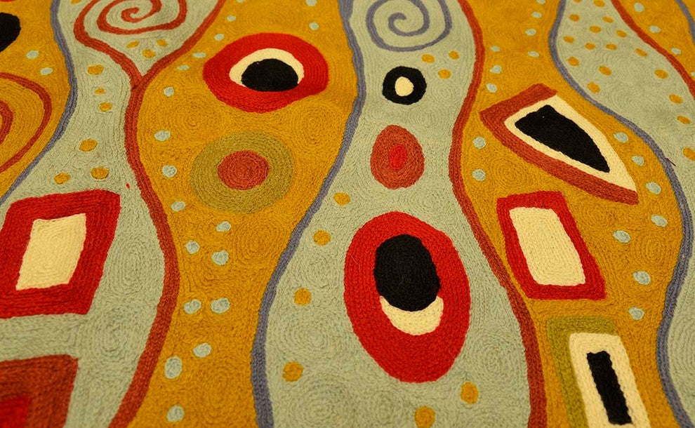 Klimt Mustard Wool Rug / Wall Tapestry Art Nouveau Hand Embroidered 6ft x 4ft