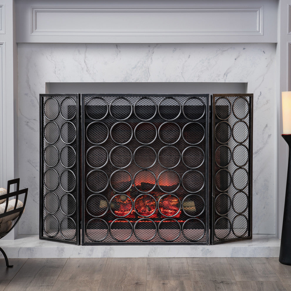 Koda Modern Three Panel Iron Firescreen, Black Silver