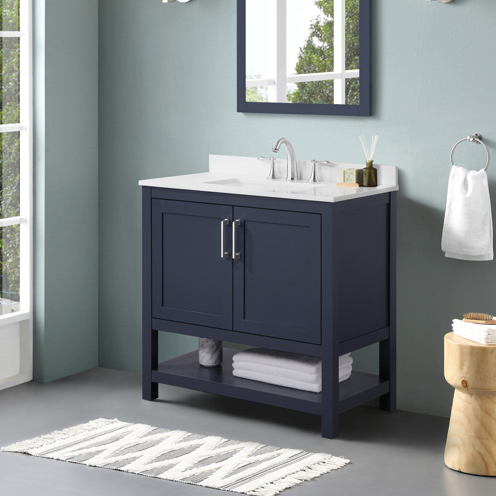 Ove Decors Vegas Single Sink Bathroom Vanity Set With Countertop, White, Midnight Blue, 36"
