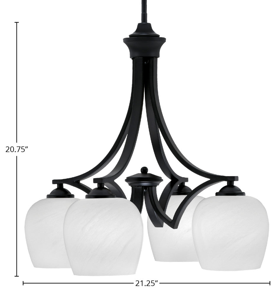 Zilo Downlight, 4 Light, Chandelier, Matte Black Finish, 6" White Marble Glass