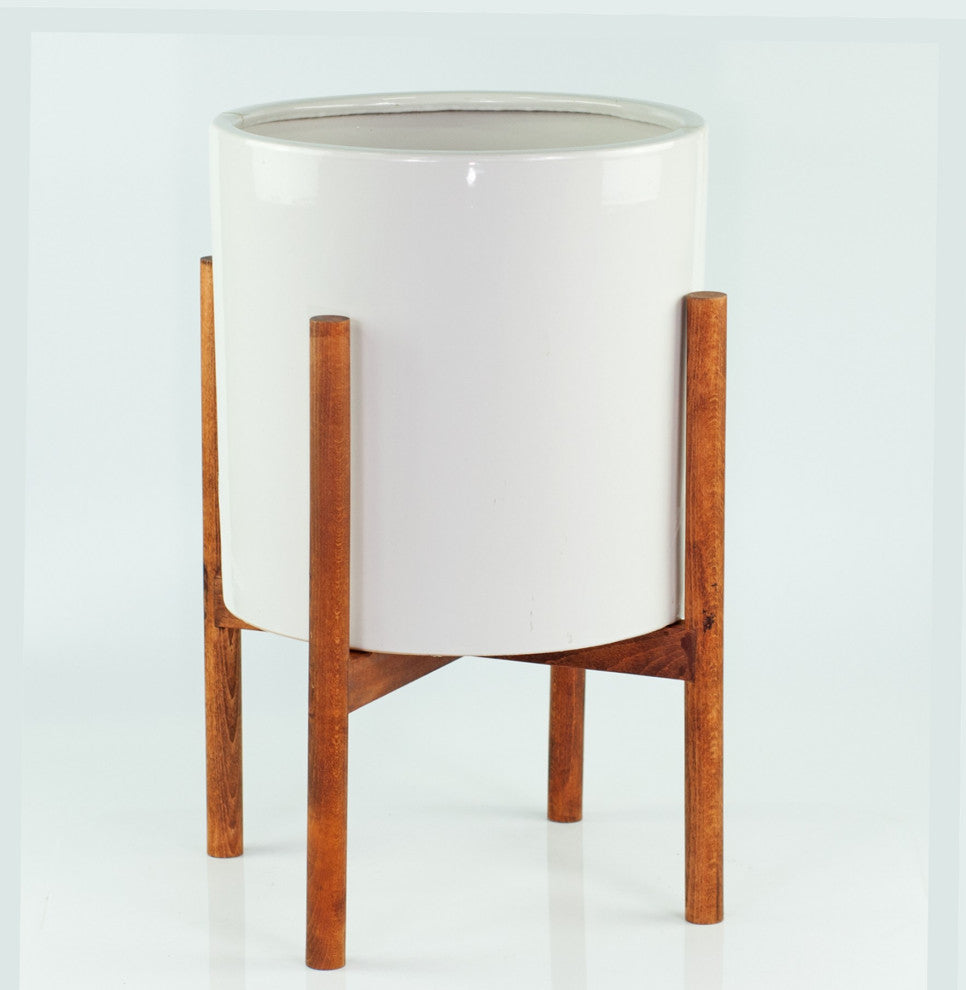 Large Ceramic Planter Pot Cylinder Planter 13" White With Plant Stand Walnut