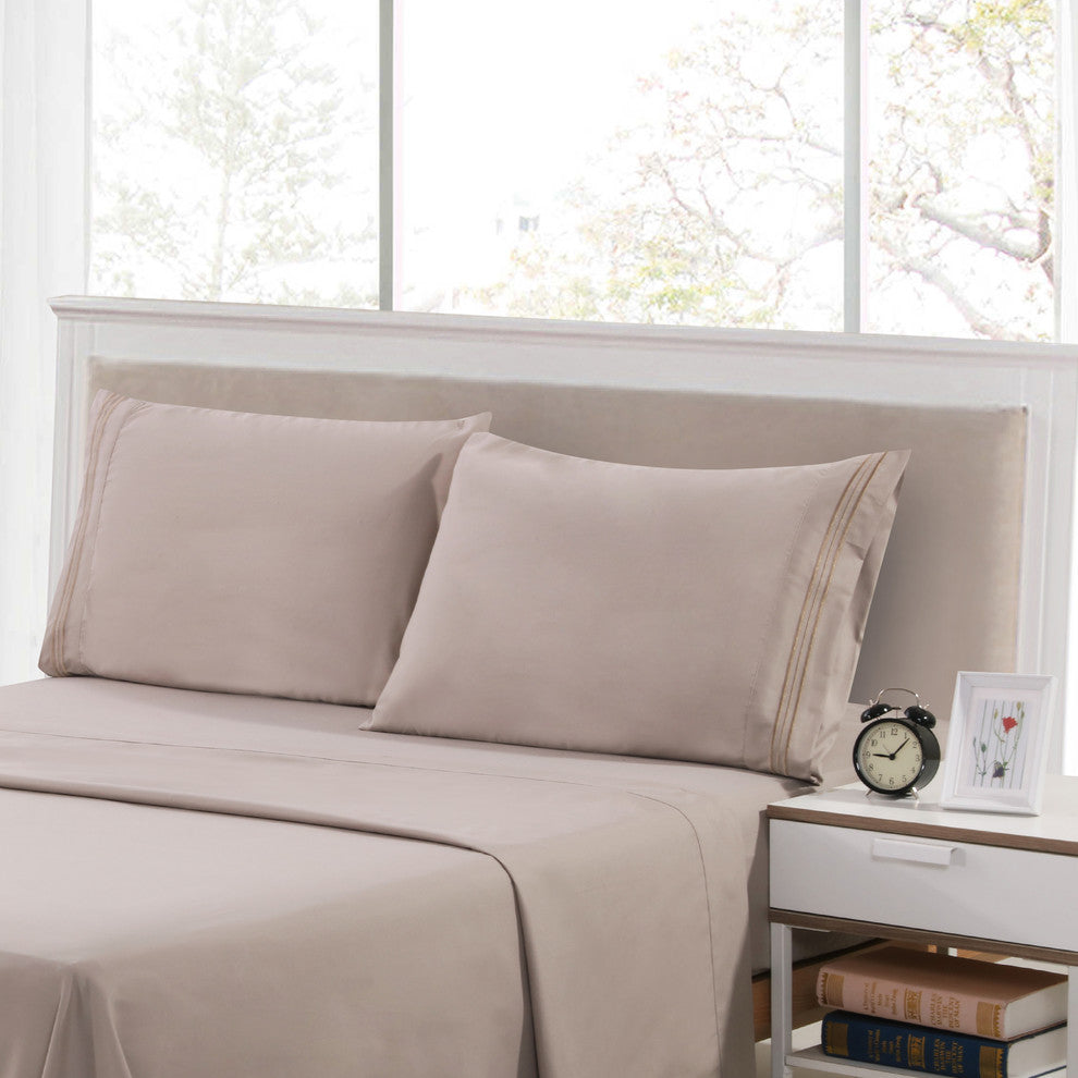 Brushed Microfiber Embroidered 1800 Bedding, 4 Piece, Taupe, Full