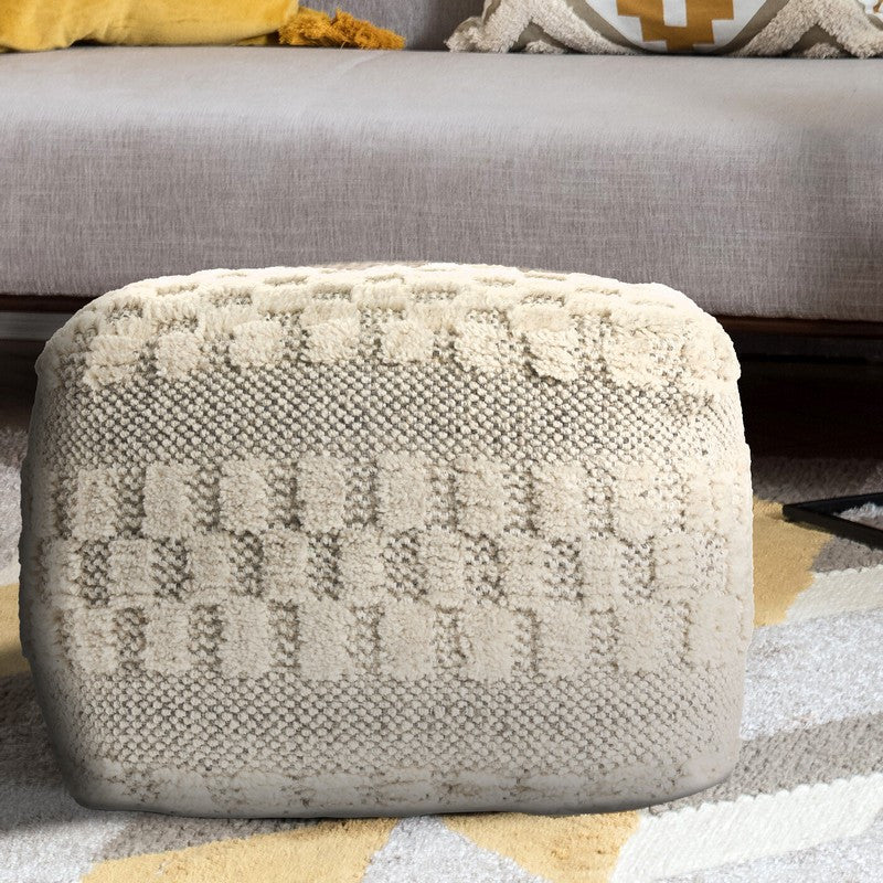 Cream Tufted Checkered Geometric Pouf