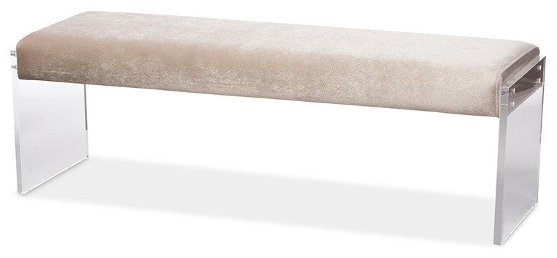 Hildon Beige Microsuede Fabric Upholstered Lux Bench With Paneled Acrylic Legs