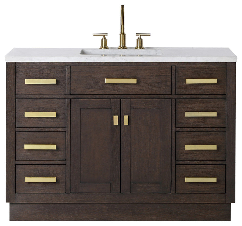 Chestnut 48" Bath Vanity, Brown Oak, Mirror, Satin Gold Hardware