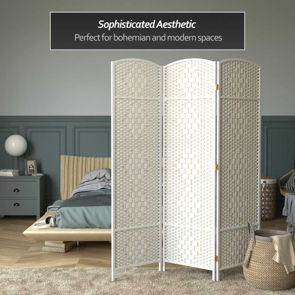 6' Tall Diamond Weave Fiber Room Divider, White, 3 Panel
