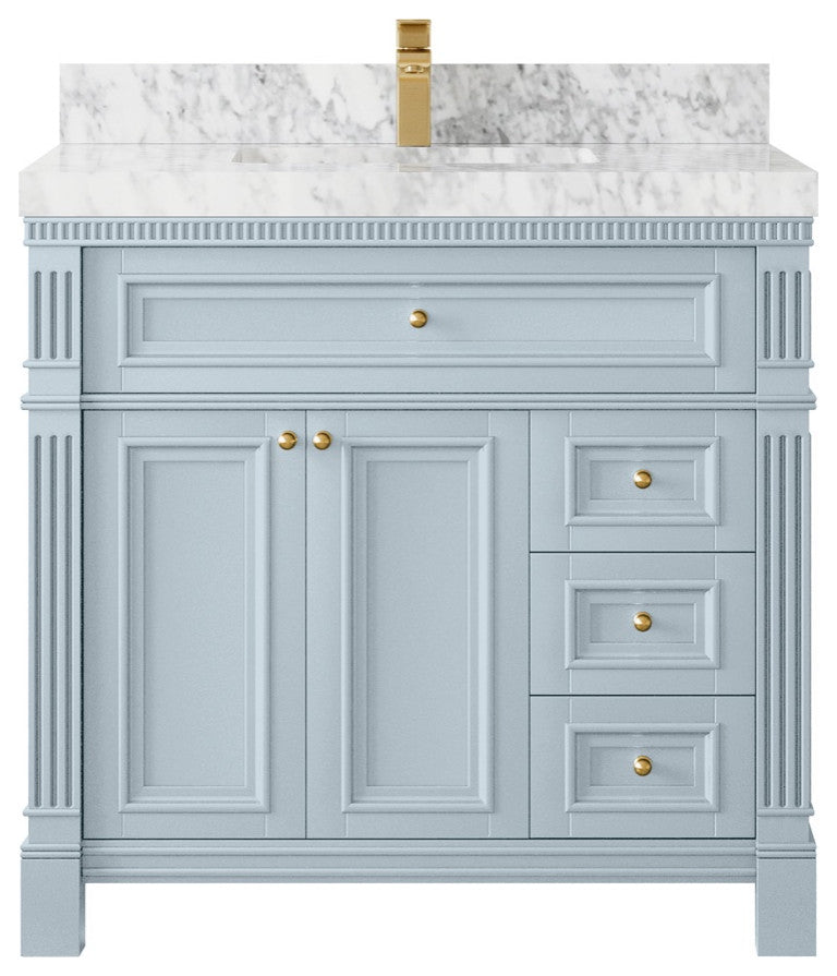 Paris 36" Center Sink Bathroom Vanity, Blue Heather 2" Carrara Marble