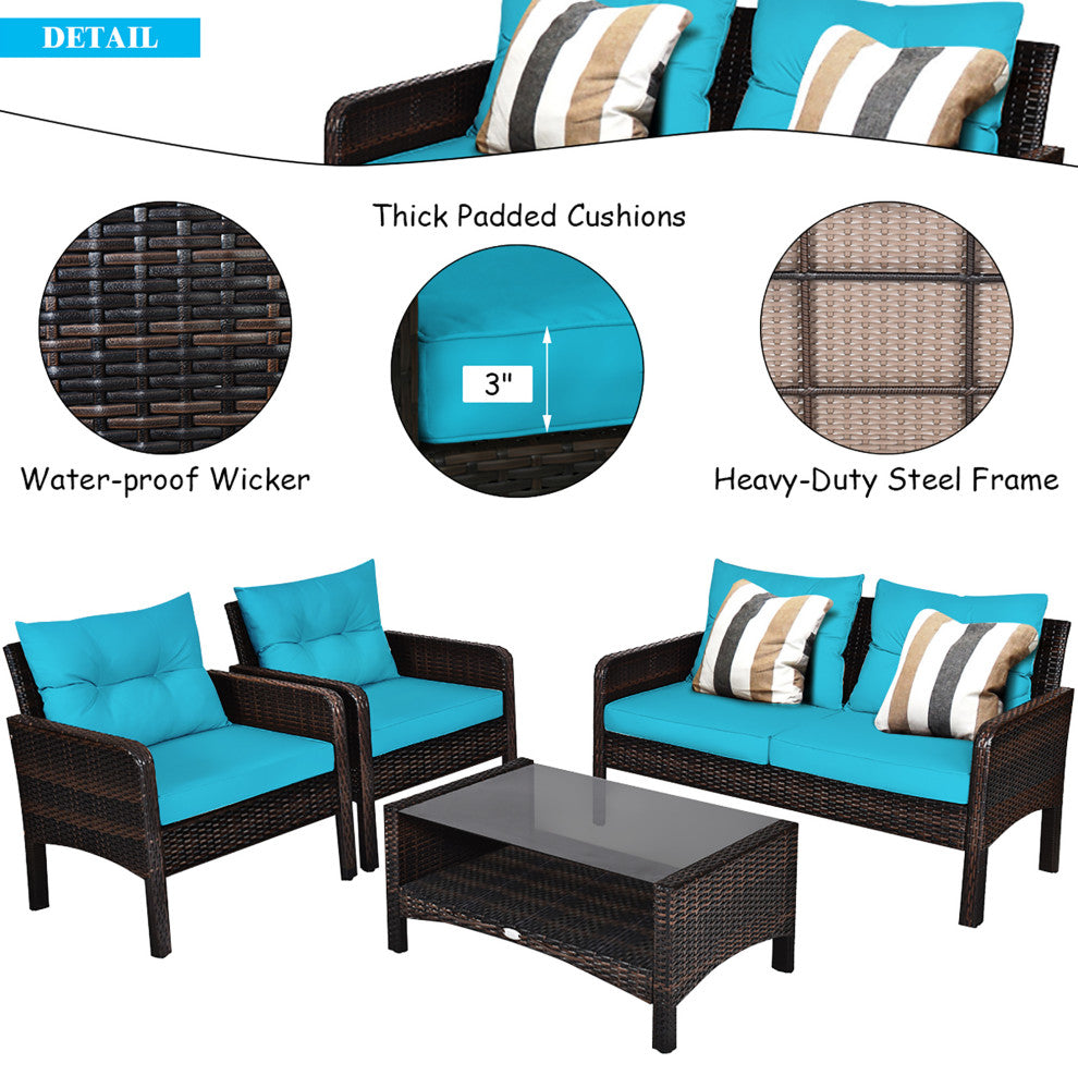 Costway 4PCS Patio Rattan Furniture Set Loveseat Sofa Table Turquoise Cushion
