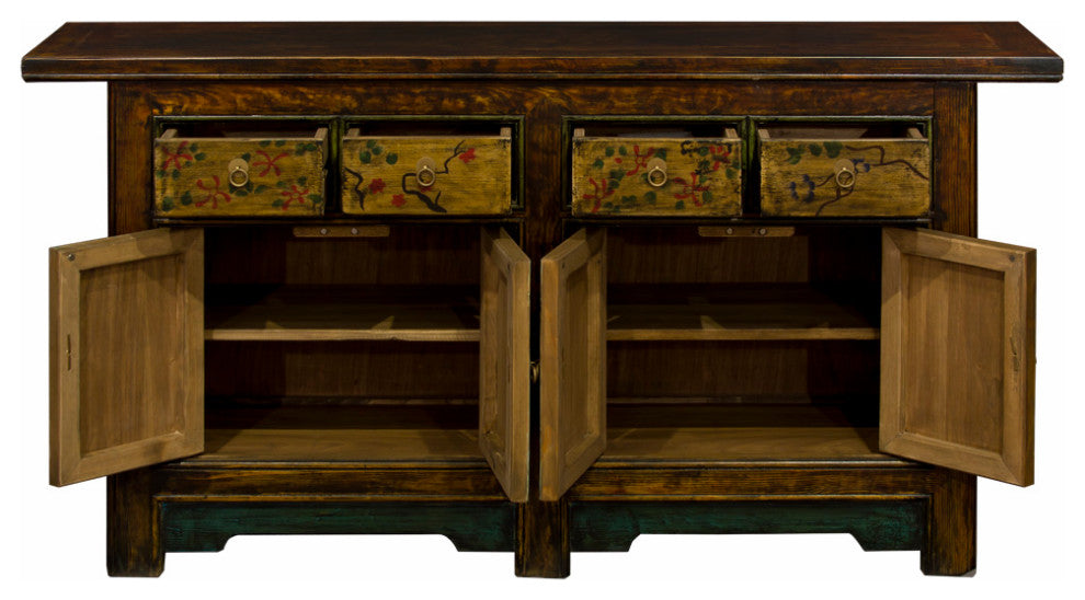 Bird and Flower Motif Elmwood Distressed Altar Style Tibetan Sideboard