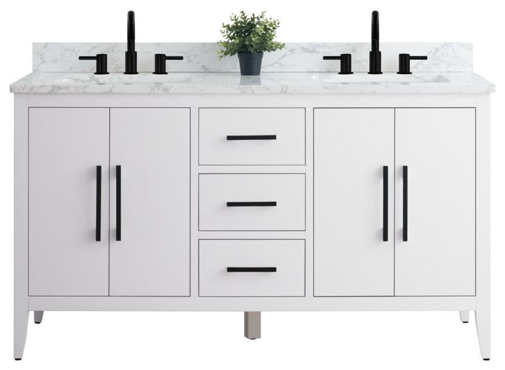 Vanity Art Bathroom Vanity With Sink, White, 60", Double Sink, Matte Black