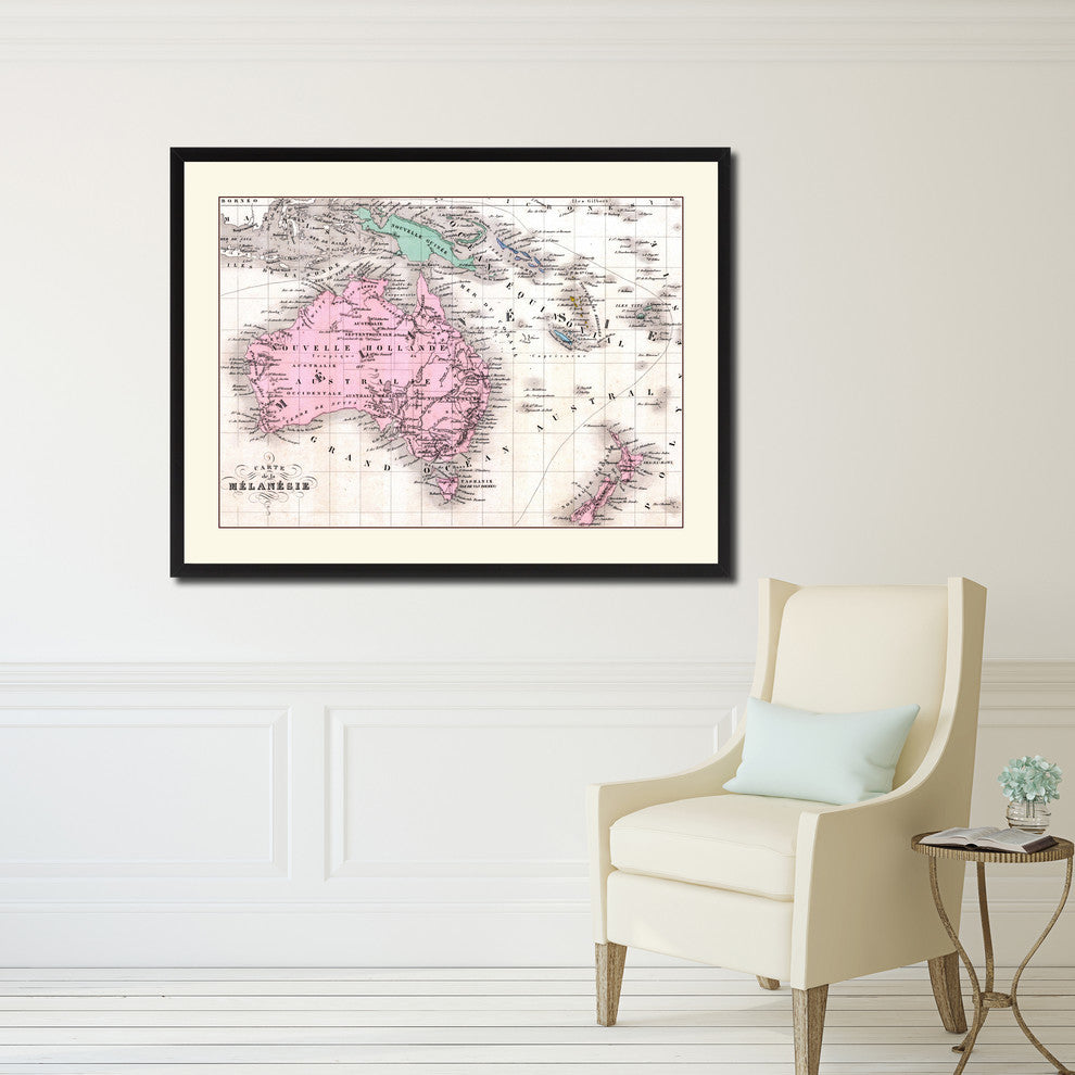 New Zealand, Oceania, Australia Map Print On Canvas With Picture Frame 16" X 21"