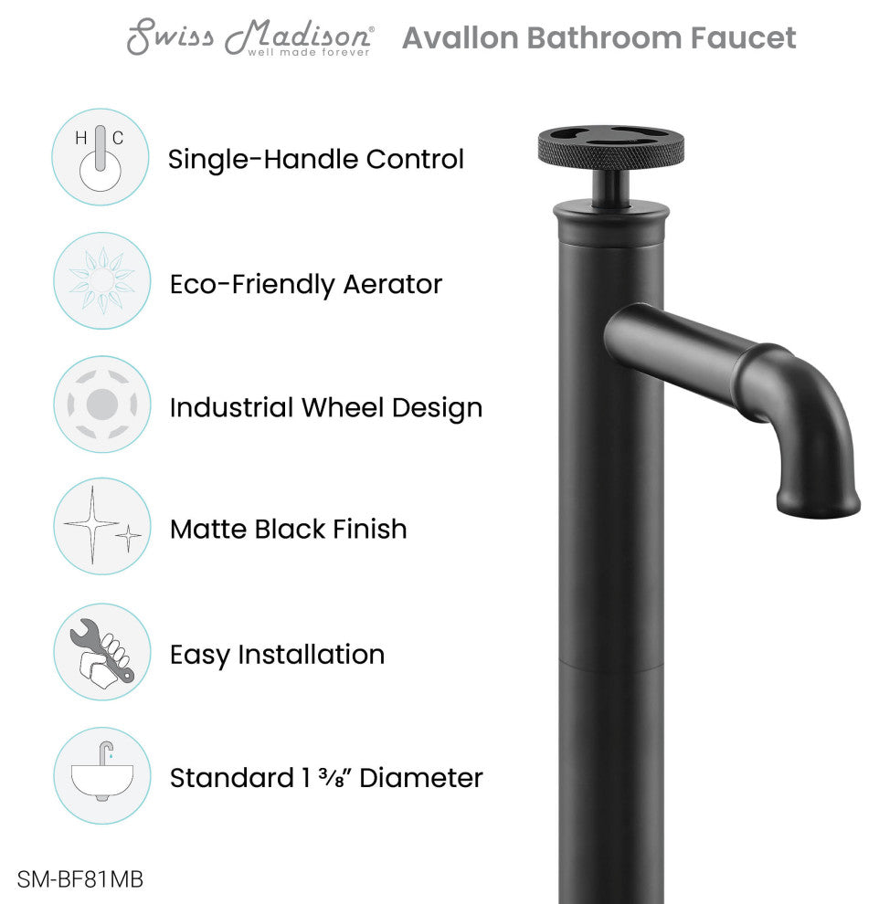 Avallon 12" Single Handle, Bathroom Faucet, Matte Black