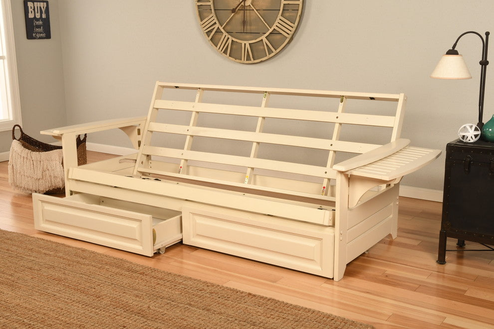 Mesa Frame Futon With Antique White Finish, Storage Drawers, Marmont Thunder