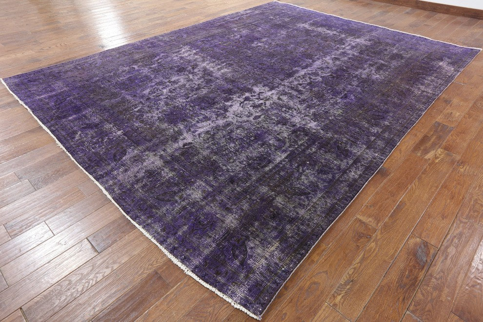 Unique Purple Overdyed Floral 10'x13' Oriental Hand Knotted Wool Area Rug