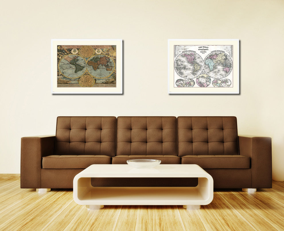 World Old Map Print On Canvas With Picture Frame Art Collection 16" X 21"