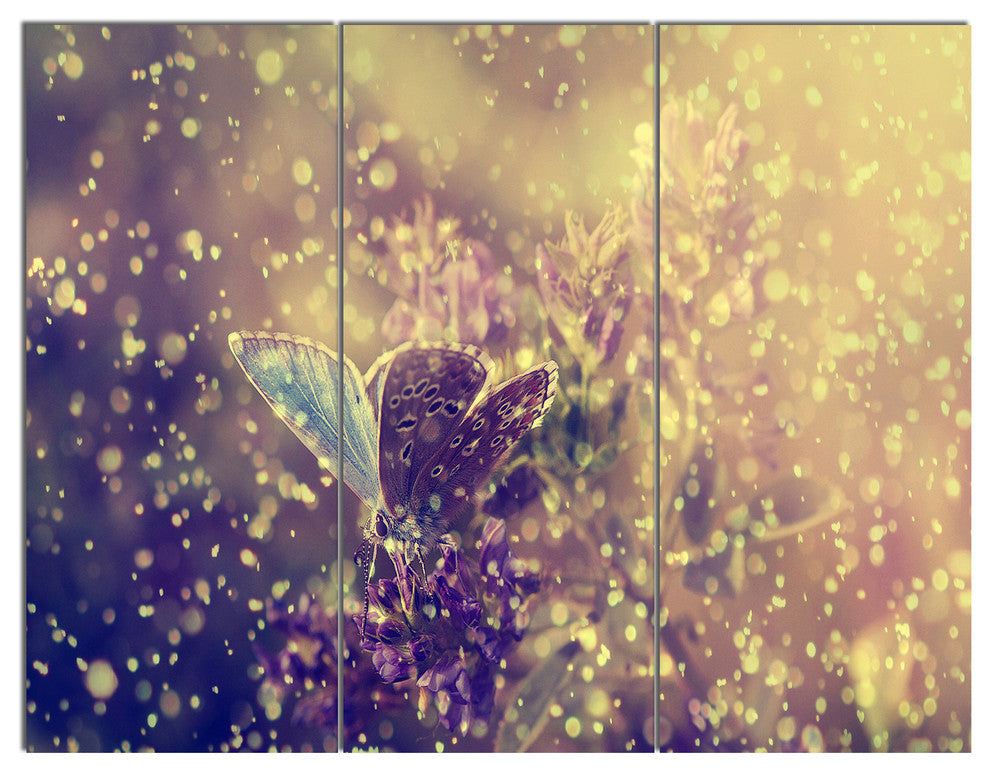 Blue Butterfly And Purple Flowers, Floral Canvas Art Print, 36x28, 3 Panels