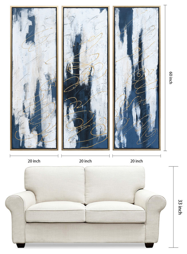 Blue Abstract Triptych Set Textured Metallic Hand Painted Wall Art
