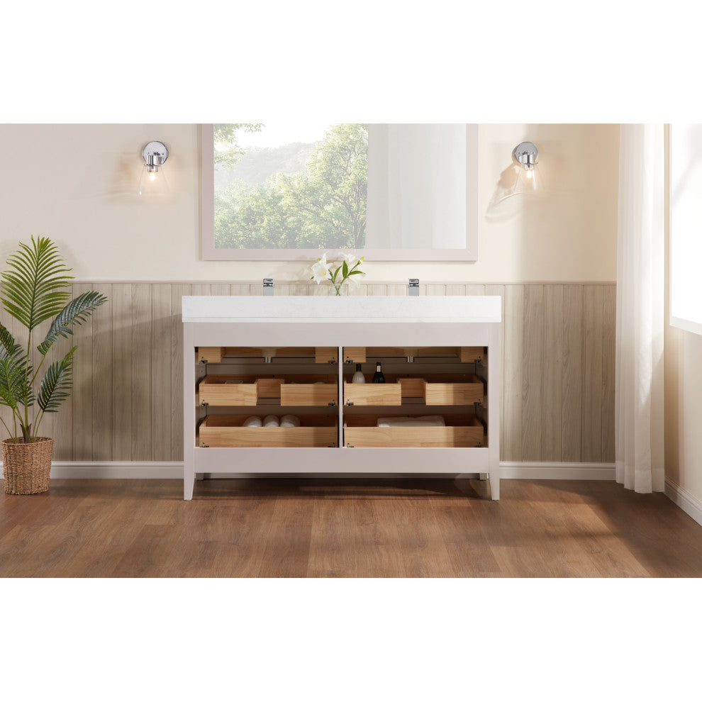 Vanity With Mirror, Sconce and Faucet Included, Dreamy White, 60"