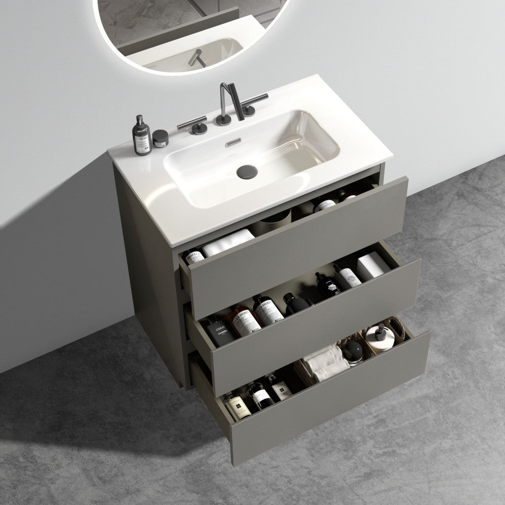 Freestanding Bathroom Vanity Set with White Ceramic Sink Basin, Gray, 30"